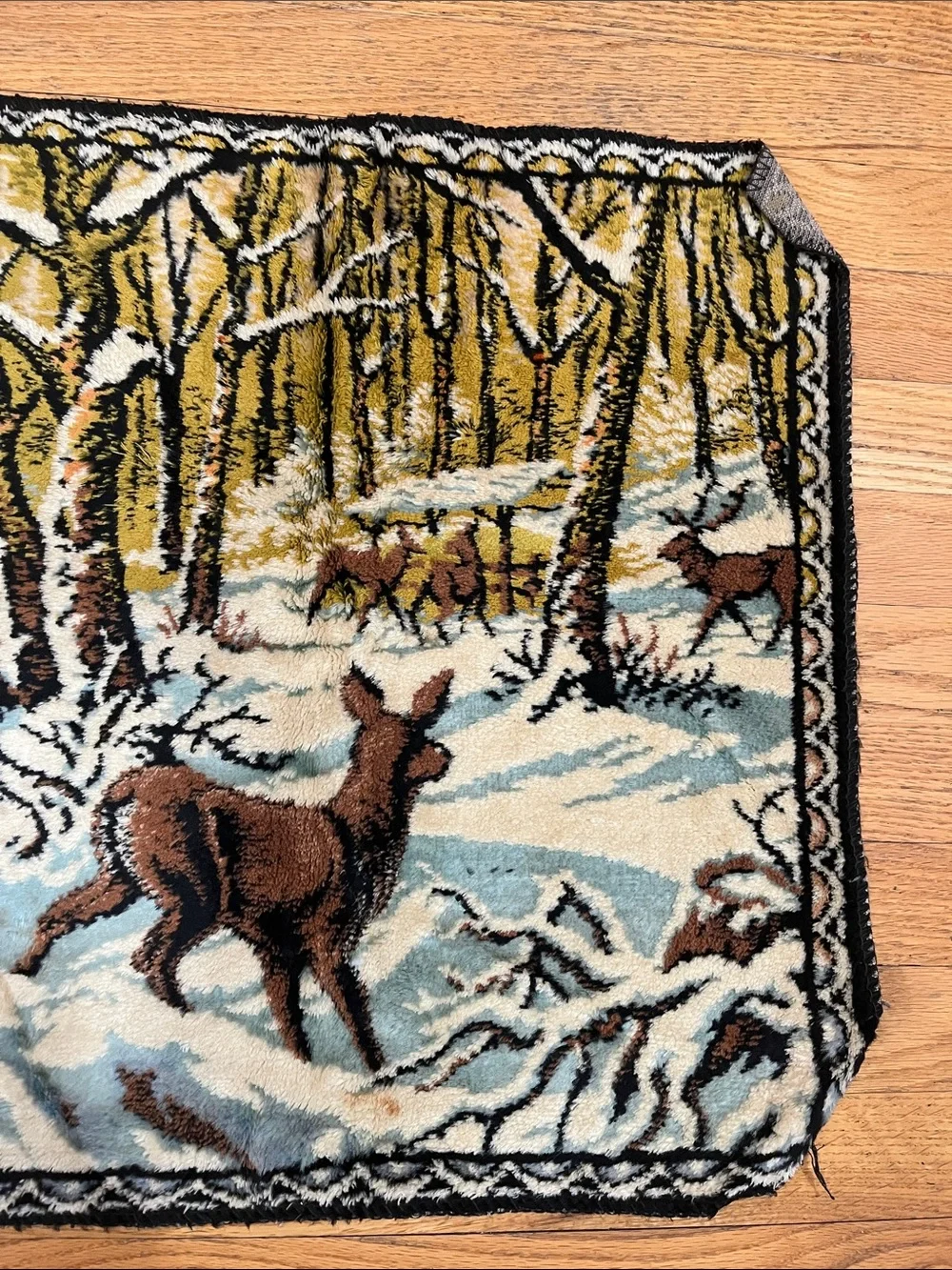 Vtg Deer Snow Woods Scene Tapestry Wall Hanging Table Runner 38.5x19.75 Cabin